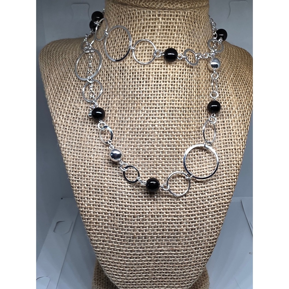 Silver Tone Necklace Black Beads Circle Link Chain Fashion Jewelry